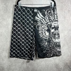 MMA Elite Shorts Mens Medium Black Skull Chain Graphic Drawstring Gym Boxing‎